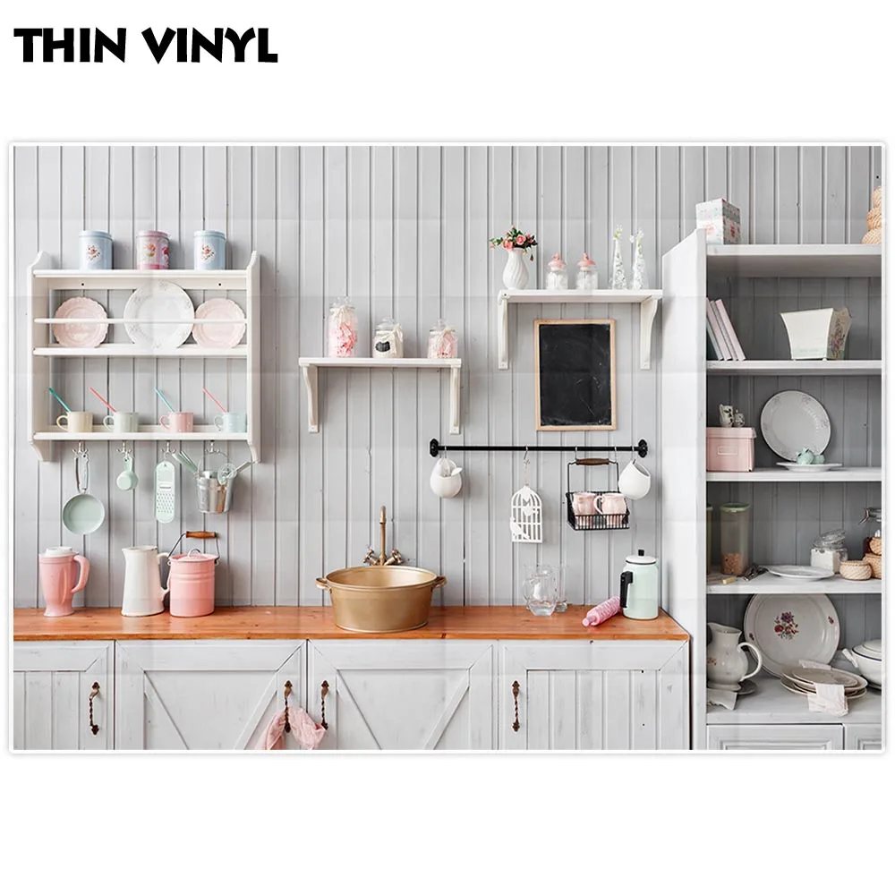 Allenjoy Kitchen Backdrop Photography White Wood Cupboard Kitchenware Portrait Photocall Photobooth Banner Fabric Background