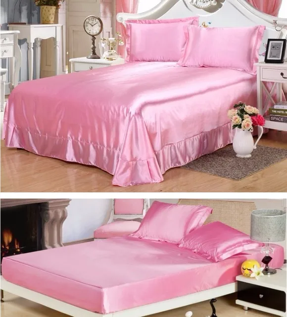 Buy 4PCS Hot Pink Bedding Satin Silk Sheets Flat Fitted bed sheet set
