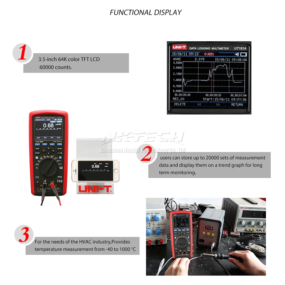 UNI-T UT181A Цифровой мультиметр True RMS регистрация данных USB/Bluetooth передача двойной Temp тест DMM фильтр низких частот nS проводимость