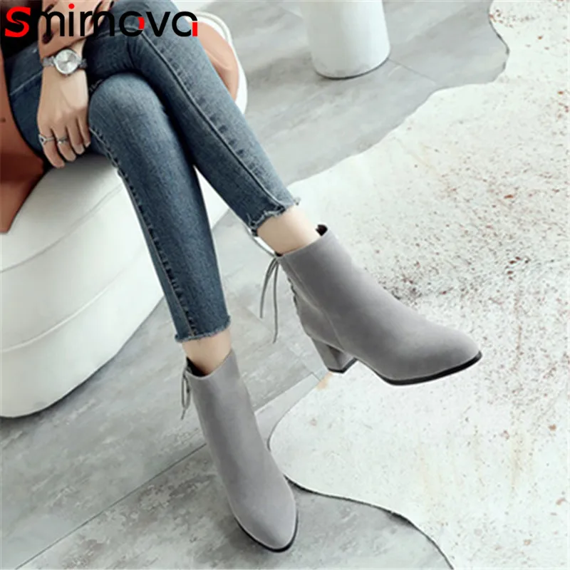 

Smirnova large size 34-43 shoes ladies autumn winter lace up+zip woman boots high heel flock boots ankle boots black 2020 NEW