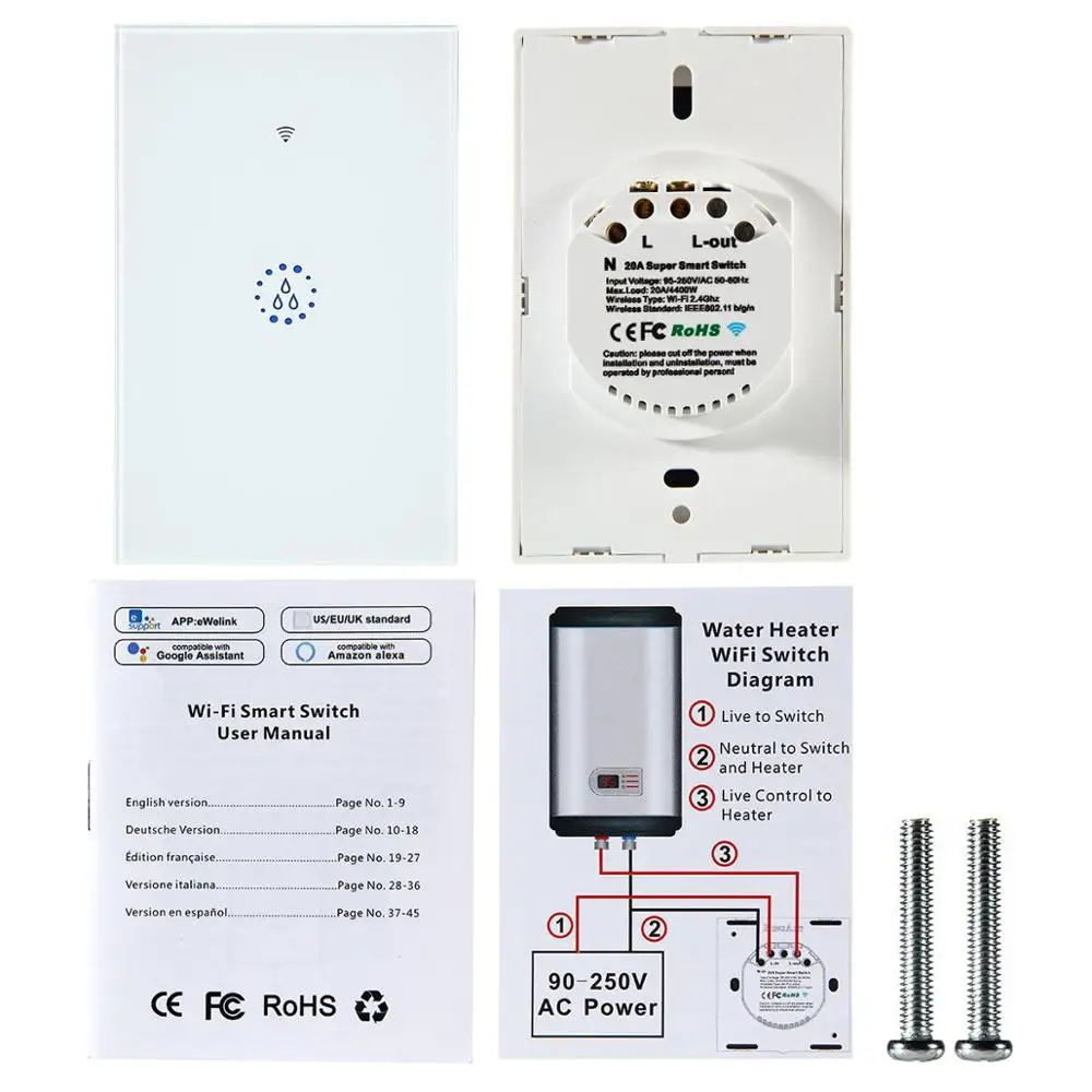 Teekar US Standard WiFi Boiler Water Heater Switch 4400W Ewelink App Remote Control Timer Voice Control Google Home Alexa White