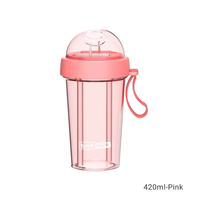 420ml Pink Портативная креативная бутылка для воды с двумя соломинками для путешествий на открытом воздухе, Спортивная герметичная чашка для напитков с ручкой, бутылки для питья двойного назначения - Цвет: 420ml Pink