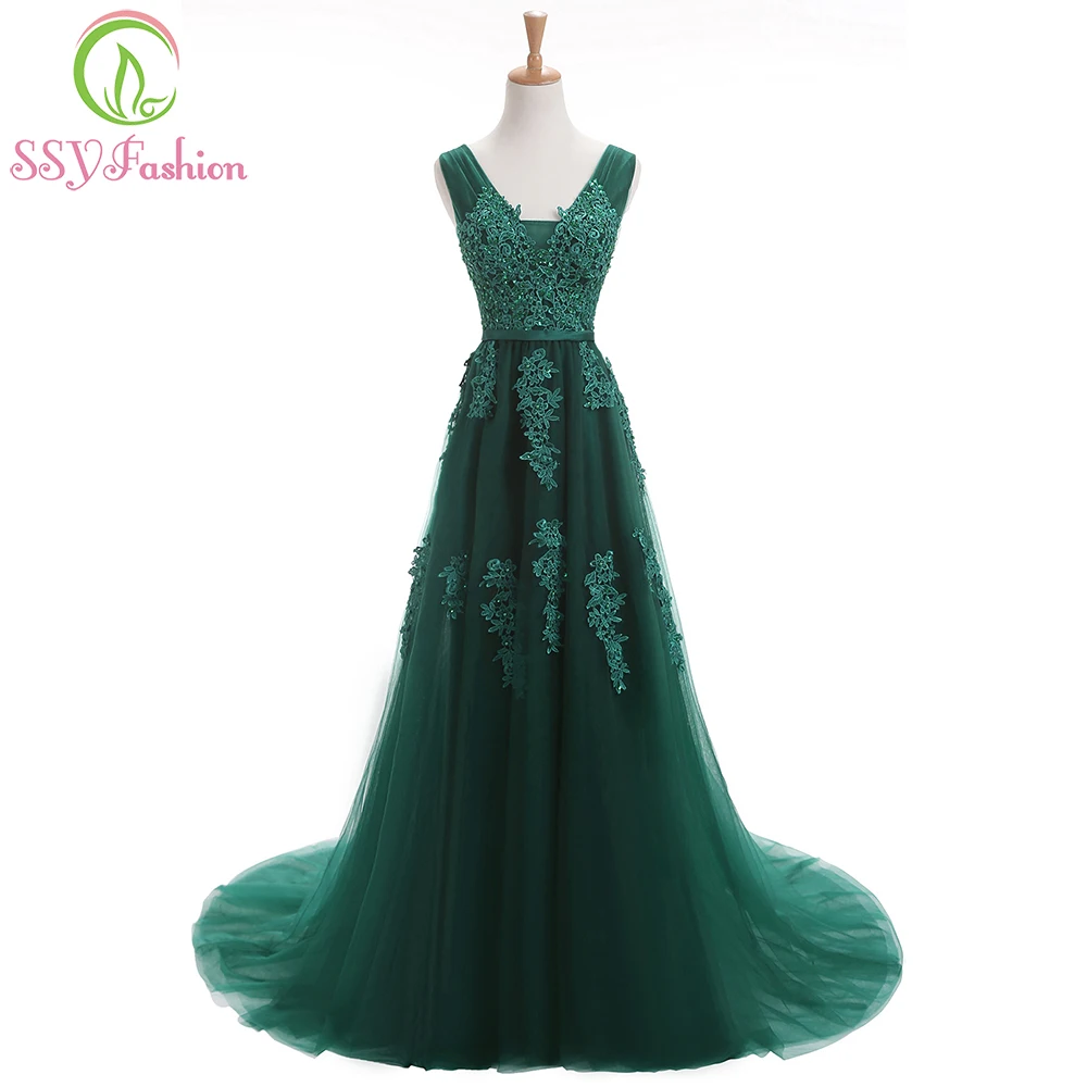 

Robe De Soiree SSYFashion Sexy Backless Long Evening Dresses The Bride Elegant Banquet Green Lace V-neck Formal Party Gown