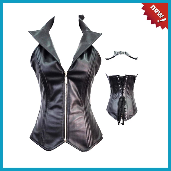 Black Leather Sexy Corset New 2014 Bodysuit Women Corset Zipper Waist