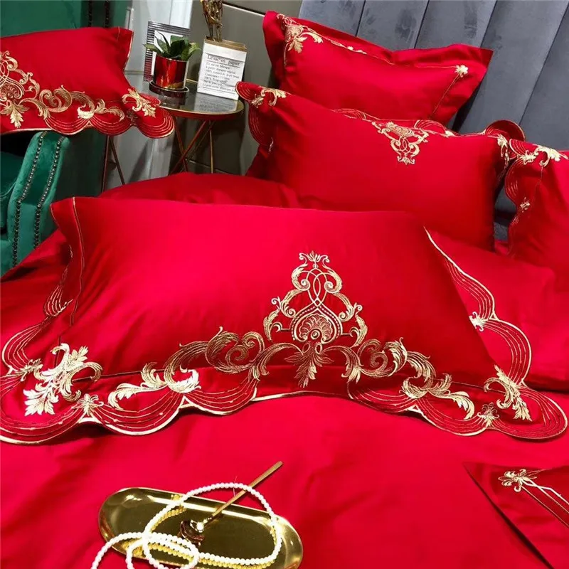 Роскошный золотой Королевский вышивка зеленый синий красный Египетский хлопок Свадебный комплект постельного белья пододеяльник простыня постельное белье Наволочка