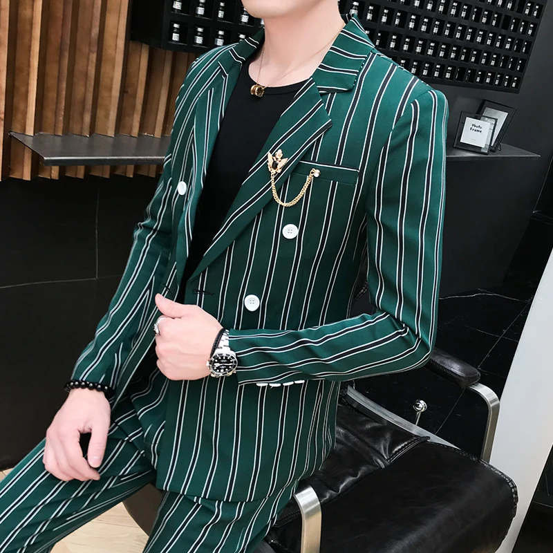 

2019 new arrival casual suits Mens FASHION Striped suits Slim fit Tuxedos Green suit for wedding Costme Homme Terno Asian Size