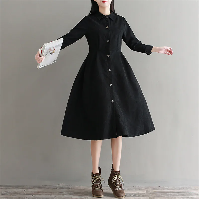 Осенне-зимнее черное платье для женщин с отложным воротником вельветовое элегантное ТРАПЕЦИЕВИДНОЕ платье с длинным рукавом для женщин новая модная одежда