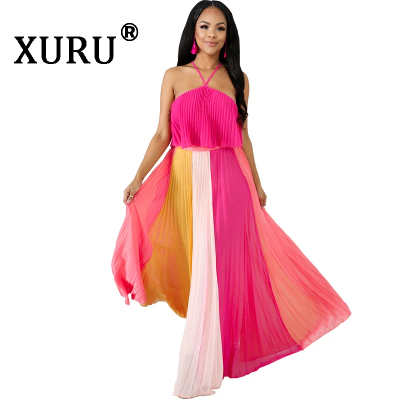 

XURU New Women's Sexy Halter Halter Dress Two-Piece Striped Pleated Contrast Irregular Dress