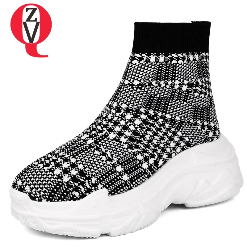 

ZVQ 2018 new fashion concise round toe med wedges platform slip-on two colors knitting women shoes winter plush warm ankle boots