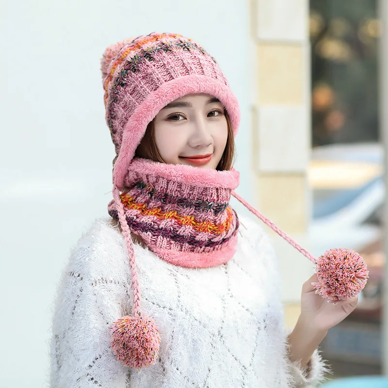 Seioum зима Для женщин вязаная шапка шарф 2 шт. комплект мода шерсть утолщение шляпа воротники женский Теплая шапка шарф множество снег шапки