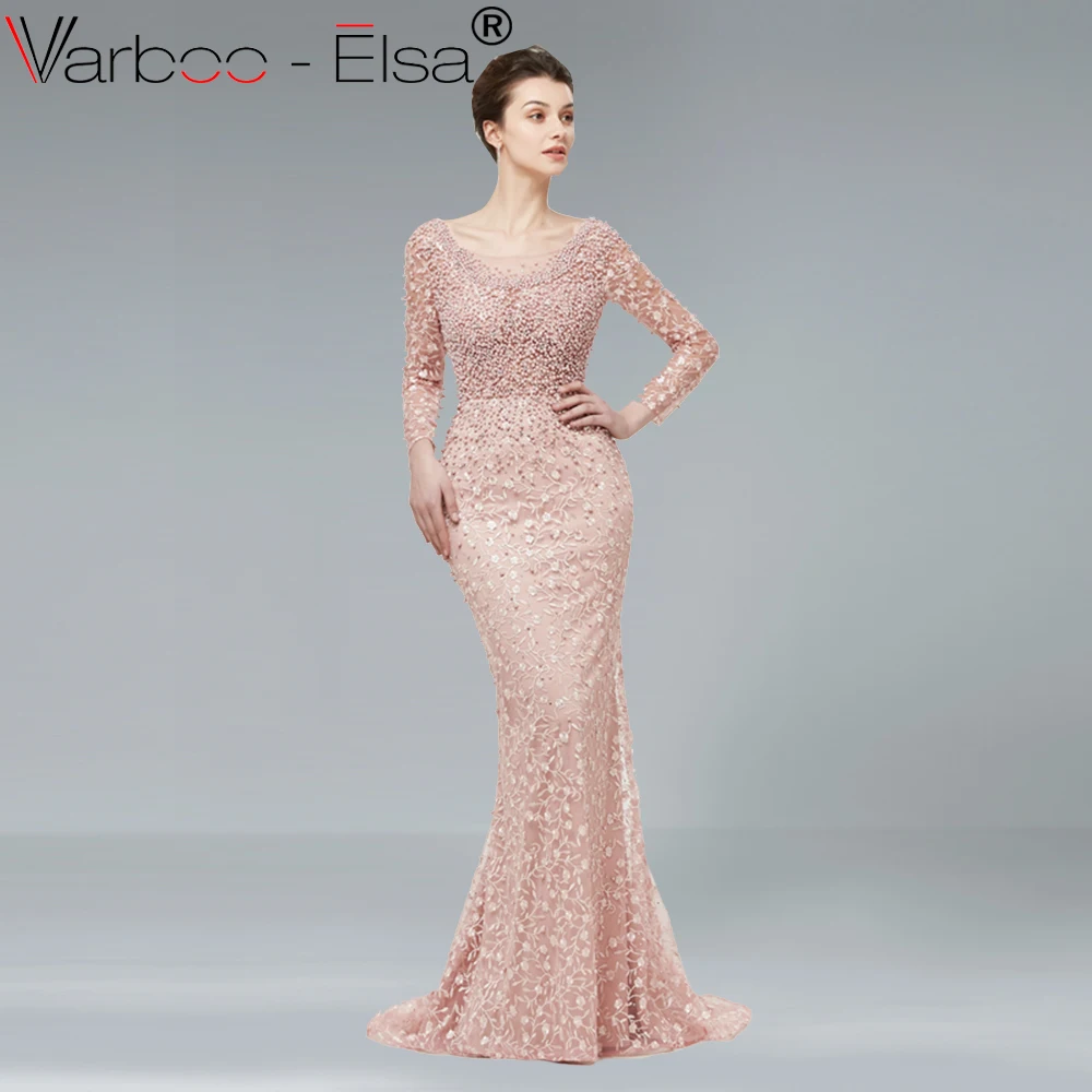 

VARBOO_ELSA Luxury Beading Crystal Prom Dress Elegant Pearl Pink Lace Evening Dress Sexy Backless Evening Dress vestido de noiva