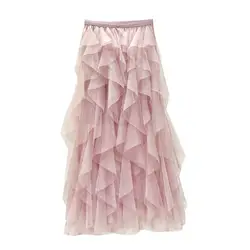 WSYORE длинная юбка Для женщин 2019 Новинка весны корейский ассиметричный, с высокой талией юбки Феи многослойная сетчатая Пышная юбка, юбка из