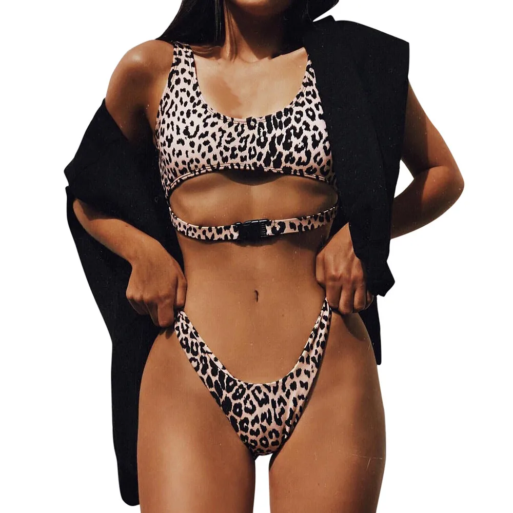 

Women Buckle Leopard Push-Up Padded Condole belt vest Bathing Beachwear lx3-7