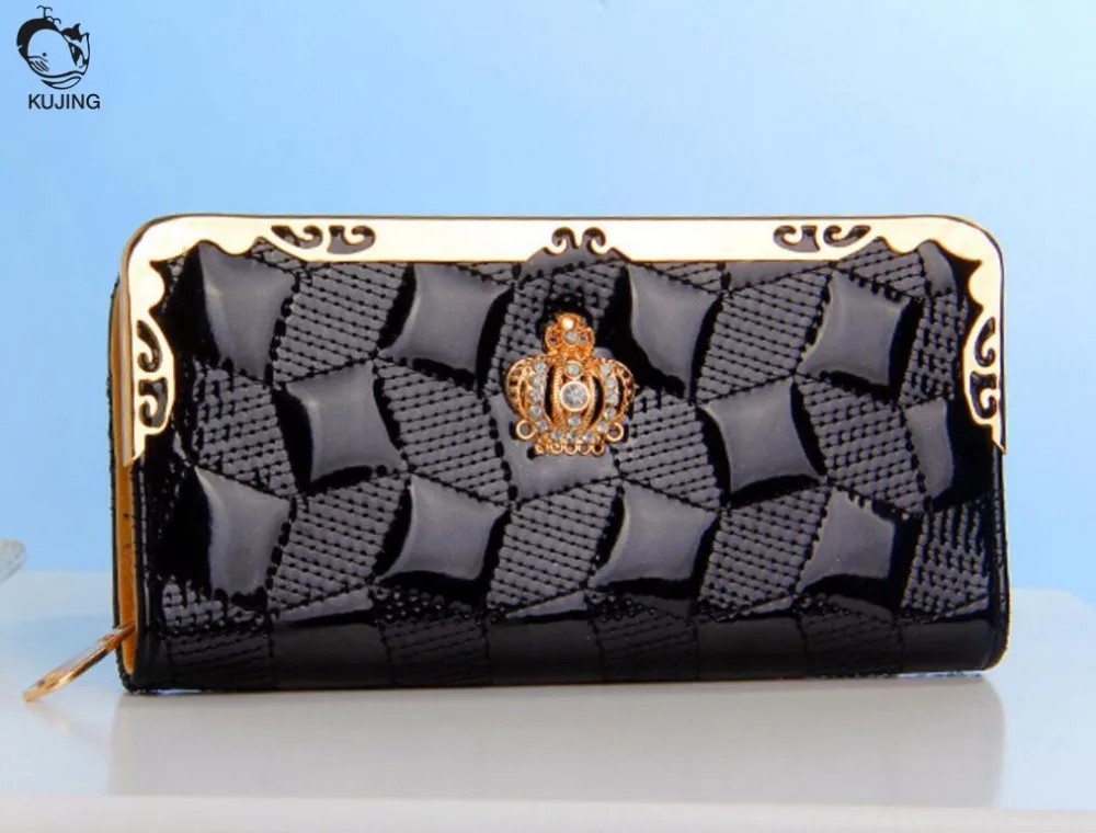 

KUJING wallet high quality fashion Lingge women wallet free shipping crown patent leather multi-card bit cheap casual wallet