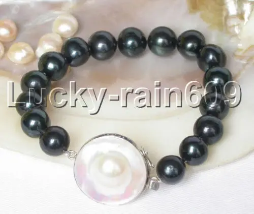 

FREE SHIPPING stylish 8" 12mm black freshwater pearls bracelet mabe pearls 925ss clasp e1335