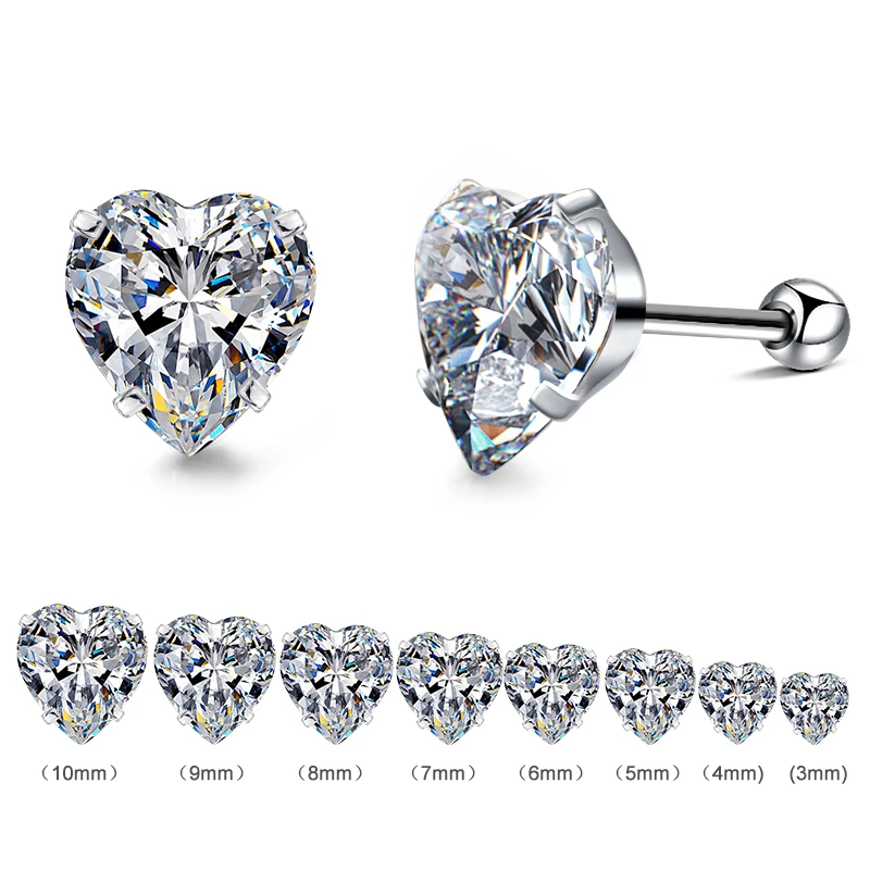 

Wholesale 10Pairs/Lot Clear Heart CZ Zircon 316L Stainless Steel Surgical Earring - Sizes 3mm To 10mm(10pairs/lot),High Quality