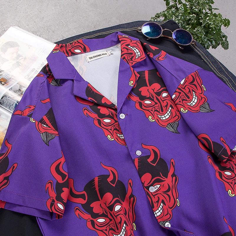 Хип-Хоп Уличная Мужская рубашка с принтом дьявола, короткий рукав, летний цветочный репер, harajuku, Гавайские корейские рубашки, camisaS-8