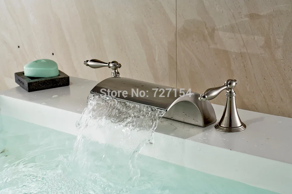 

Free Shipping! New Wide Spout Waterfall Basin Faucet Dual Handles Sink Mixer Tap Nickel Brushed