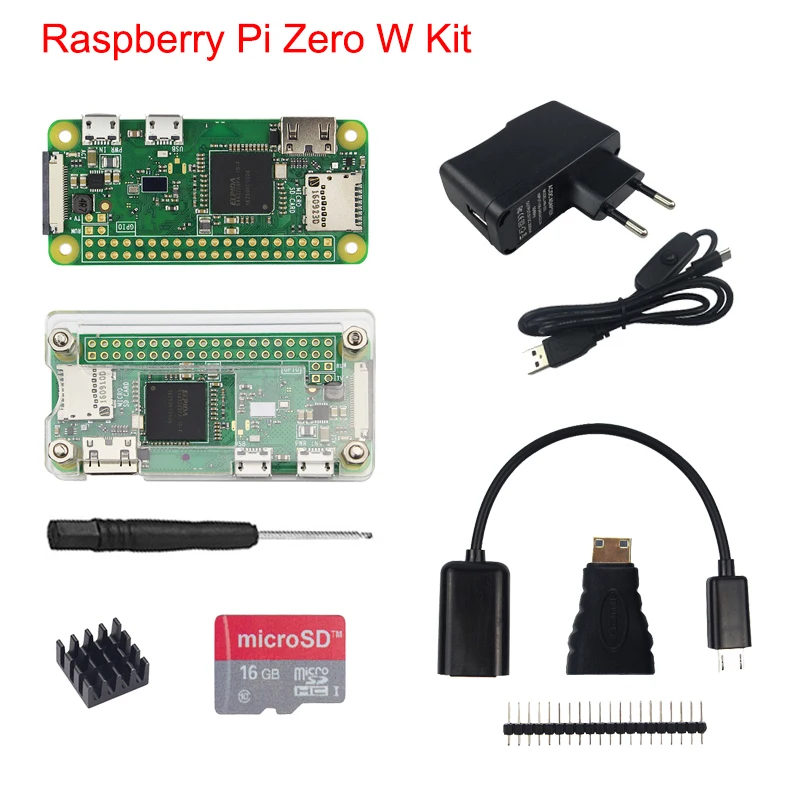 Goede Raspberry Pi Zero W Kit + Acryl Case + 5MP Camera + Micro OTG Kabel + GPIO Header + Mini HDMI Adapter + 16g Sd kaart + USB Kabel