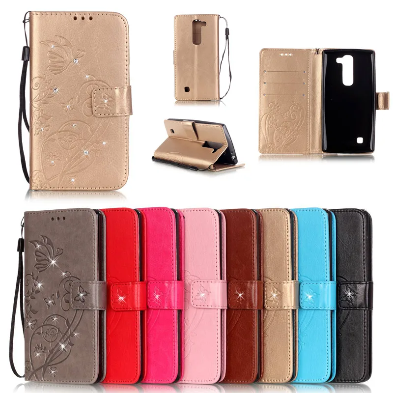

Luxury Diamond Book Style PU Leather Flip Butterfly Case Cover For LG G4C G4 mini LG Magna H502f H500F C90 Phone Bags+Strap
