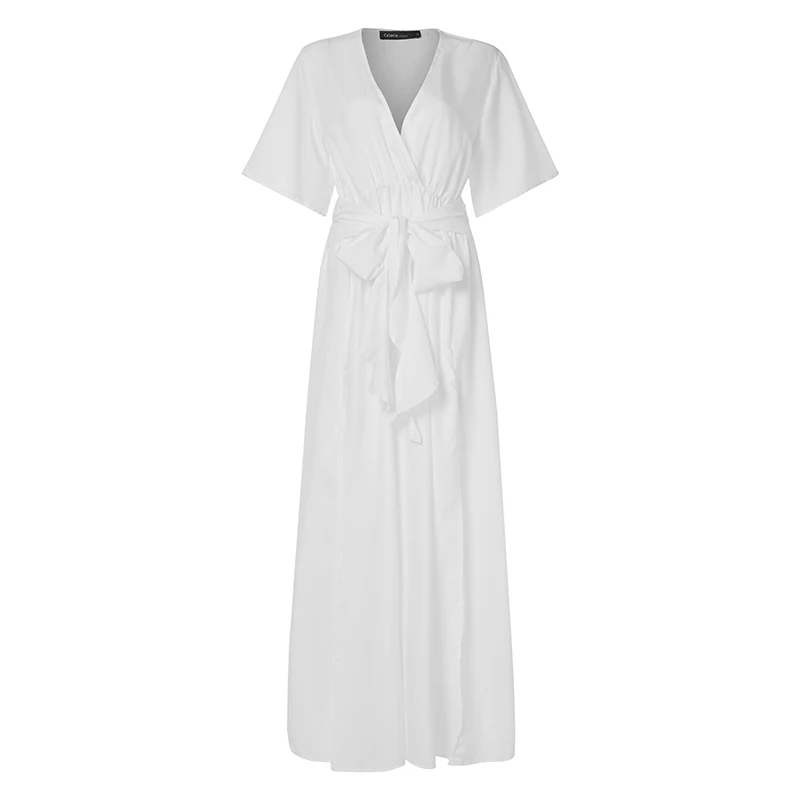 Летнее богемное платье, женское Повседневное платье с v-образным вырезом, сексуальное длинное платье с разрезом для вечеринки, свободное макси платье, платье размера плюс - Цвет: Off White