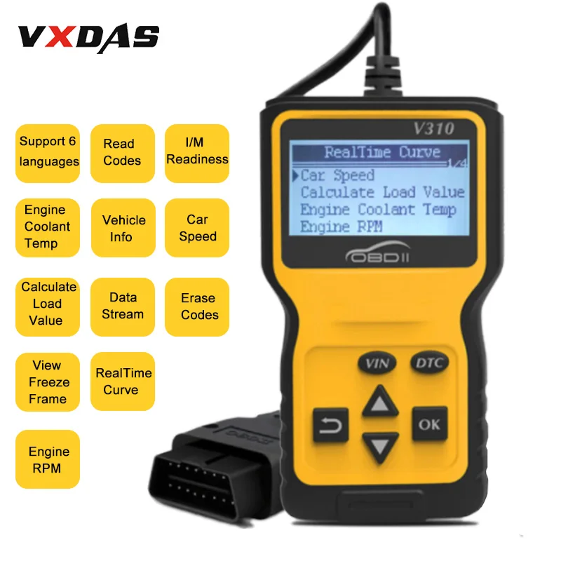 VXDAS V310 автомобильный считыватель кодов Авто AD310 OBD2 сканер V1.1 16pin мужской двигатель охлаждающей жидкости Temp Автомобильный датчик скорости OBDII диагностический инструмент