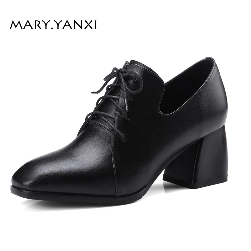 

Spring/Autumn Women Plus Size Shoes Pumps Genuine Leather Lace-Up Casual Fashion High Heel Square Toe Solid Rome Ankle Strap