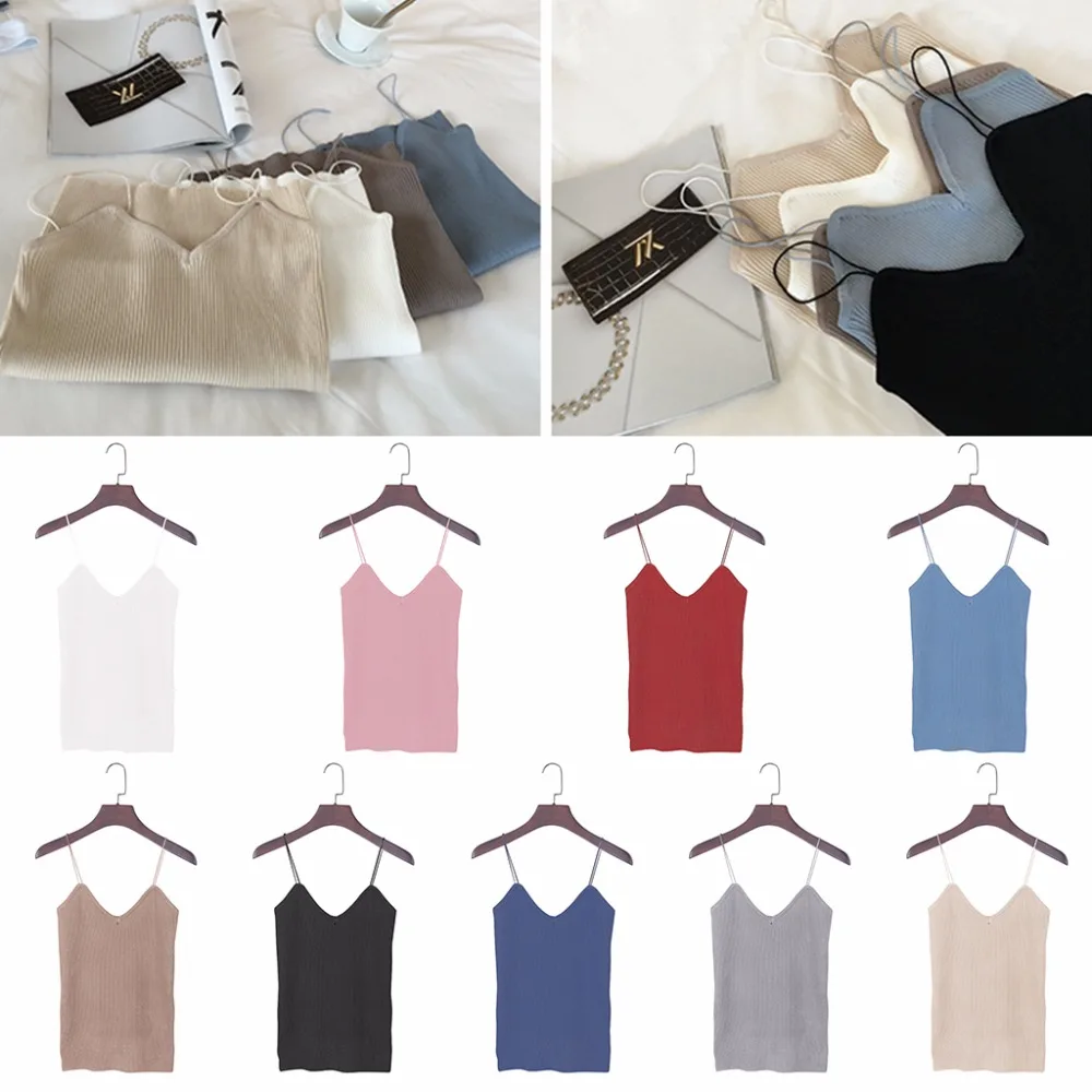 

2018 NEW Summer Naughty Knitted Tank Tops Women Camisole Vest Simple Stretchable V-Neck Slim Sexy Strappy