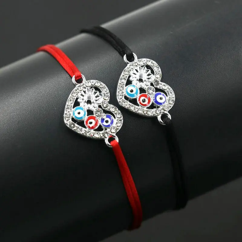 

2pcs/set Crystal Zircon Silver Color Love Heart Shape Charm Bracelet Red Rope Thread String Evil Eye Bracelets For Men Women
