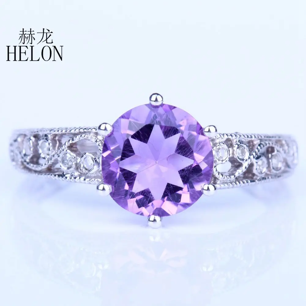 

HELON Solid14K White Gold Flawless Round 2.1ct Amethyst Ring Engagement Diamond Ring For Women Wedding Art Style Vintage Jewelry