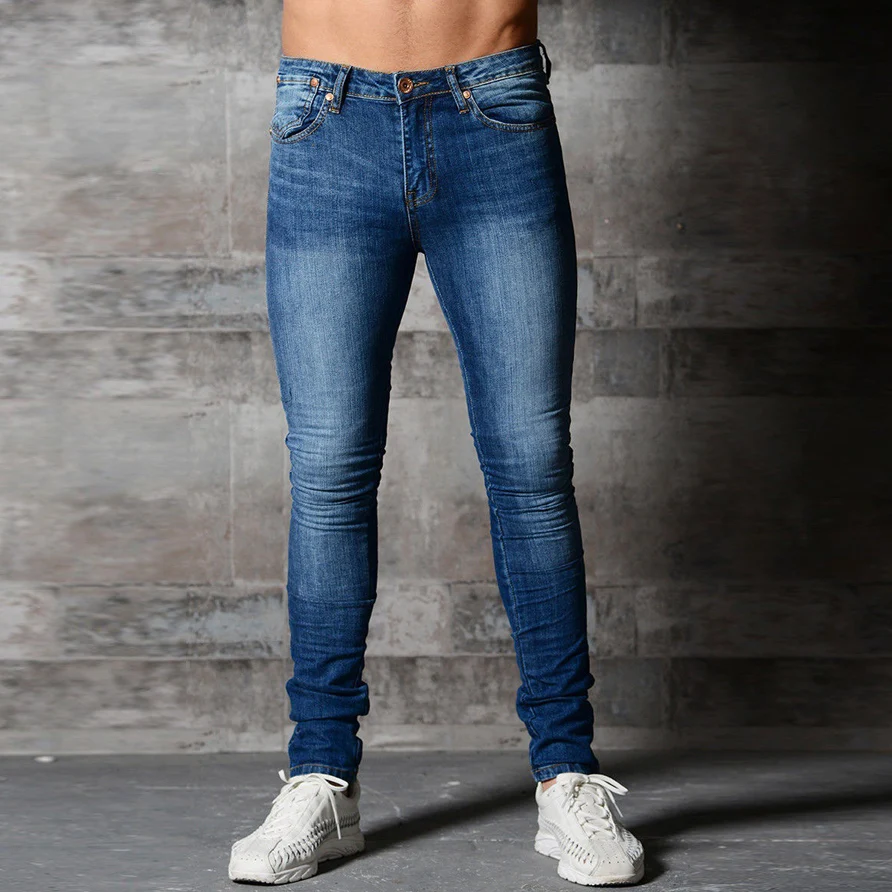 Dropshipping Retro Mens Jeans Washed Slim Skinny Biker Classic Casual Denim Male Red Gray Trousers