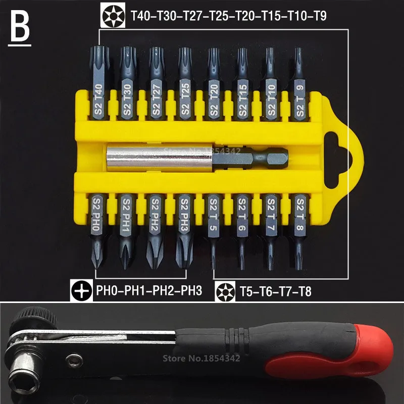 18 шт. набор креплений с шестигранной звездочкой и защитой от вскрытия, магнитный держатель, отвертка, биты, трещотка, гаечный ключ, набор ручных инструментов - Цвет: Ratchet Handle-B