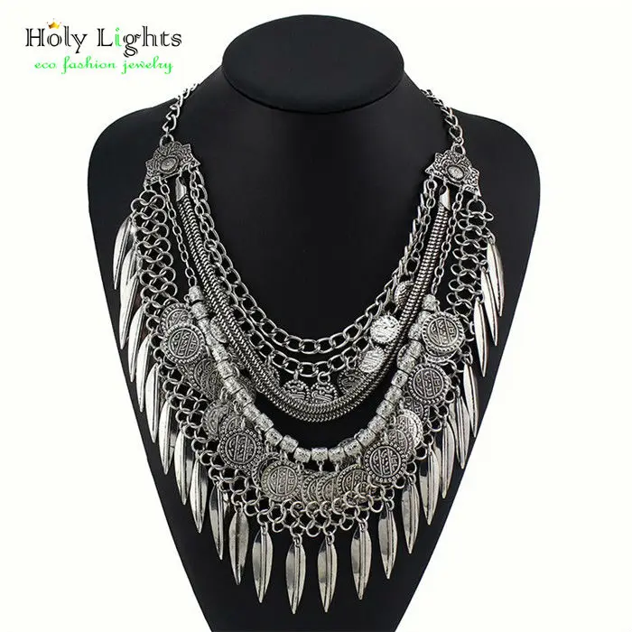 2017 mulheres novo estilo de Moda do vintage de prata banhado a moeda multicamadas fatia + fatia folha geométrica liga borlas colar & pingentes