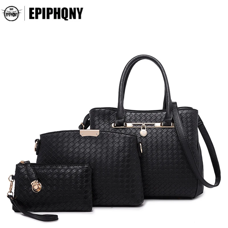 

Minimalist Weaving Women Set Handbags PU Knitting Simple Shoulder Bag for Lady Multifunction Geometric 3 Piece Suit