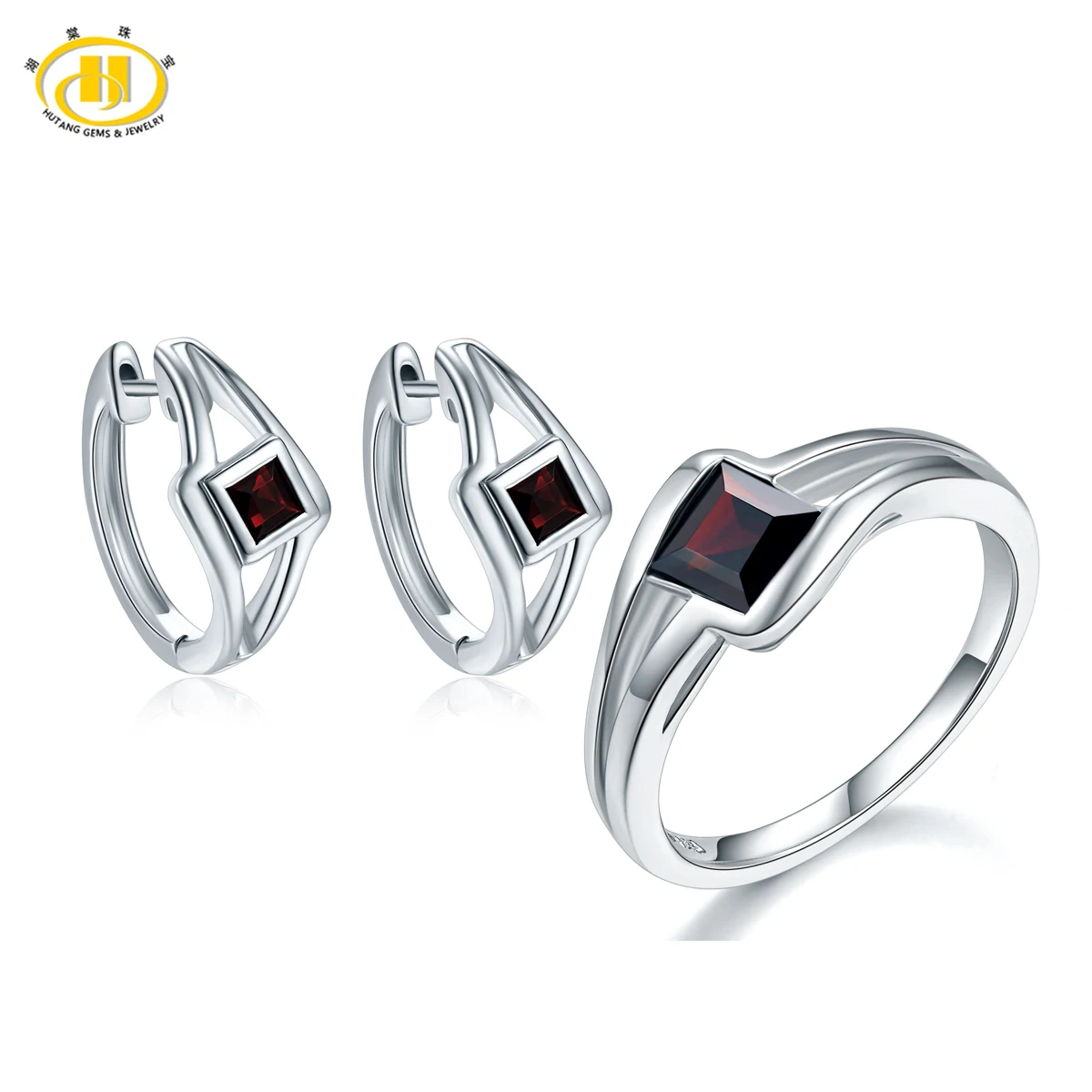 

Hutang Natural Garnet Jewelry Sets Solid 925 Sterling Silver Ring Earrings Gemstone Jewelry for Women Best Gift 2017 New
