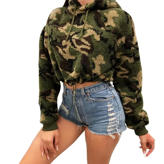 Women Camouflage Fleece Sweatshirt Fashion Crop Top Patchwork Hoodies Pullovers Winter Warm Sexy