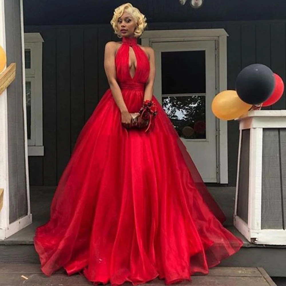 high neck red gown