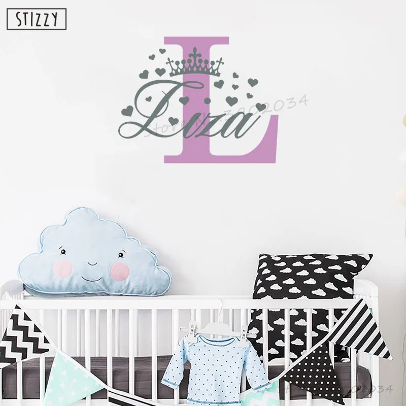 

STIZZY Wall Decal Princess Crown Girls Custom Name Wall Sticker Heart Design Baby Nursery Bedroom Decoration Gift Art Decor B20