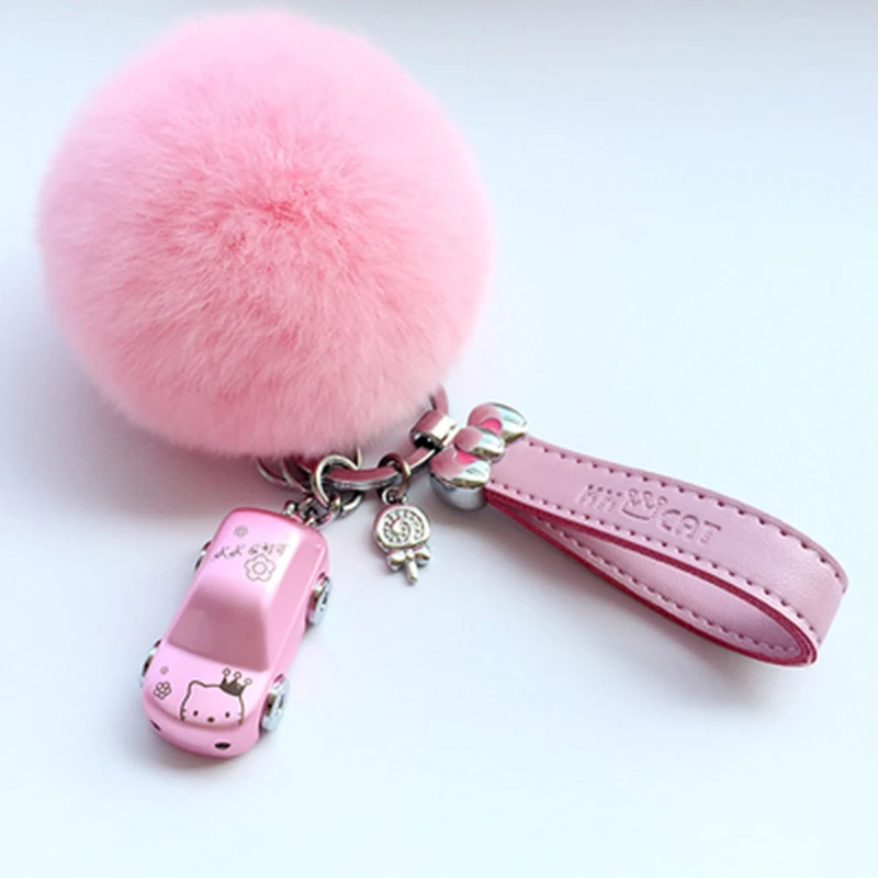 

Luxury Car Model Hello Kitty Design LED Light Keychain Leather Wrist Rope Key Chain Llavero Pompon Keyring Charm Pendant Gift