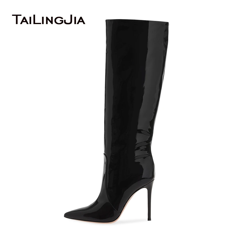 

Pointed Toe High Heel Knee Tall Boots Women Shiny Black Patent Leather Heeled Slip on Winter Shoes Ladies Heels Large Size 2021