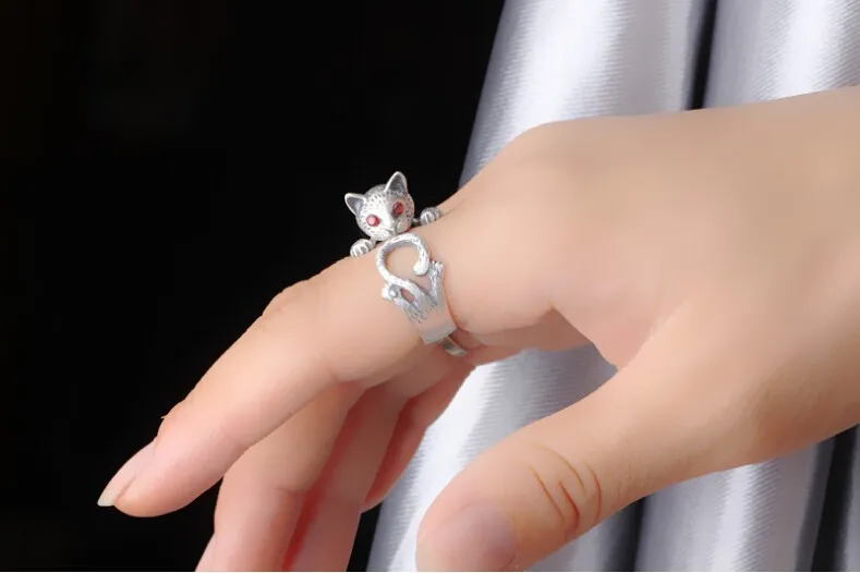 2016-new-arrival-high-quality-retro-style-cute-cat-Thai-silver-925-sterling-silver-ladies-adjustable