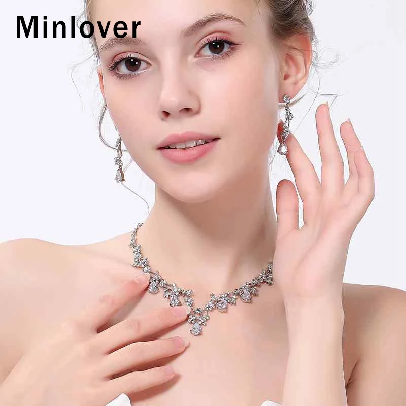 Minlover Роскошные CZ свадебные ювелирные наборы в форме листа Кристалл Свадебное