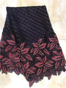 

2019 New Design African Lace Fabric black red African Voile French Lace Fabric With Rhinestone 5Yards Per Lot Wedding Dress