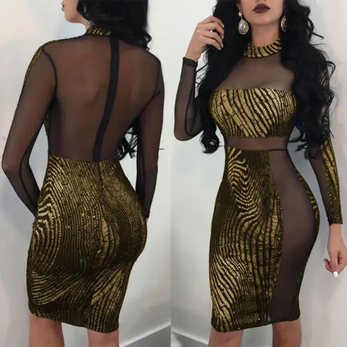 2018 New Womens Bandage Bodycon Sheer Sequins Lace Long Sleeve High Waist Gold Print Evening Party Sexy Club Short Mini Dress Dresses