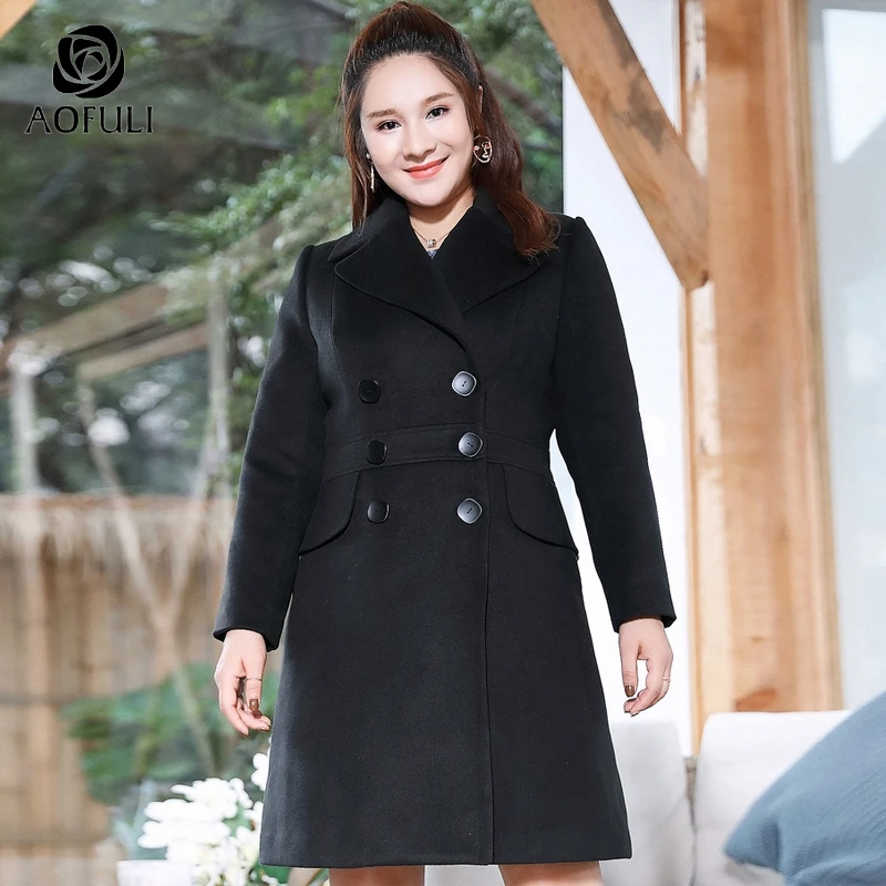 

AOFULI L~ 4XL 5XL Chic Women Peplum Winter Tops Turn Down Collar Long Coat Double Breasted Casual Overcoat Black A3871