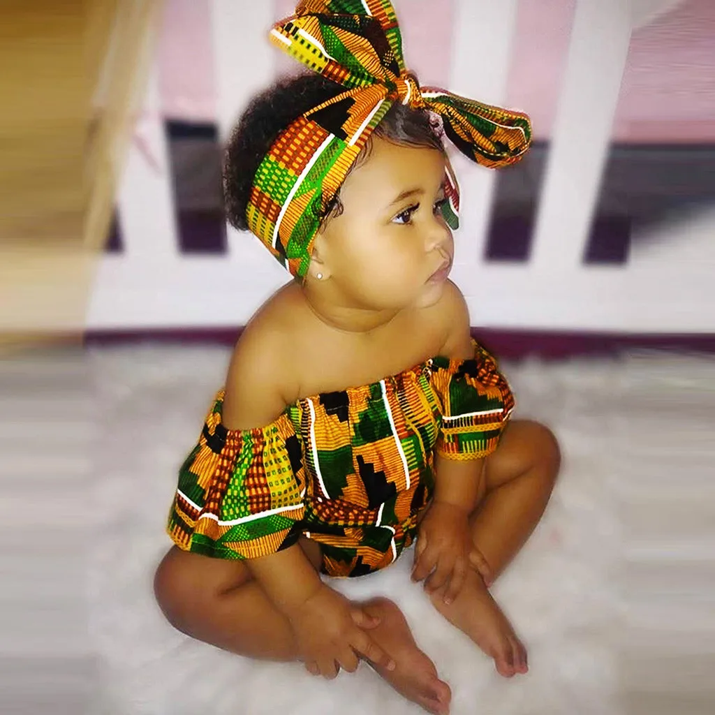 Toddler Kids Baby Girl African Print Sleeveless Romper Headband Jumpsuit Clothes