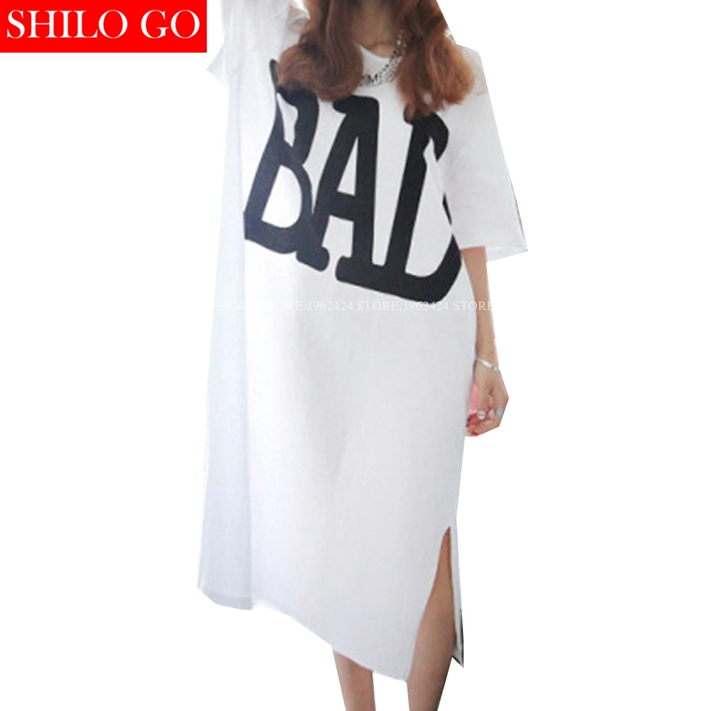 

SHILO GO Summer fashion women high quality Concise Casual Loose Graffiti letters O-neck half sleeve Cotton slits Dress XL
