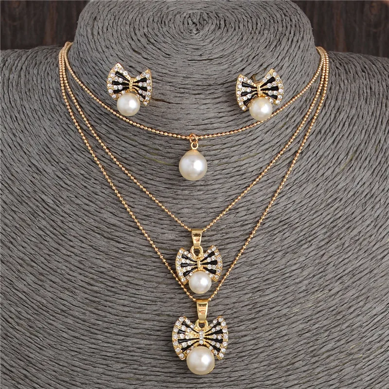 

Hesiod Butterfly Jewelry Sets Wedding Bridal Simulated Pearl Crystal Multi-layer Chain Necklace Earrings Sets for Women