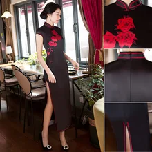 Chinese Traditional Dress Women’s Sexy Cheongsam Qipao Short Sleeve Cocktail black Long FLOWER Dress Size M XXL XXXL TRJ0507