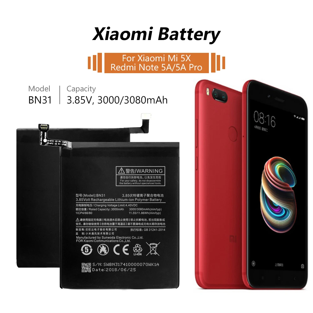 Xiao mi 3,85 V 3080mAh литиевая аккумуляторная батарея BN31 BN-31 BN 31 батарея для Xiaomi mi 5X mi A1 Red mi Note 5A Y1 Lite